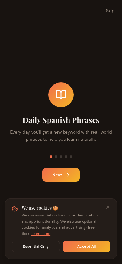 Phrase Fiesta mobile app — Daily Spanish Phrases screen